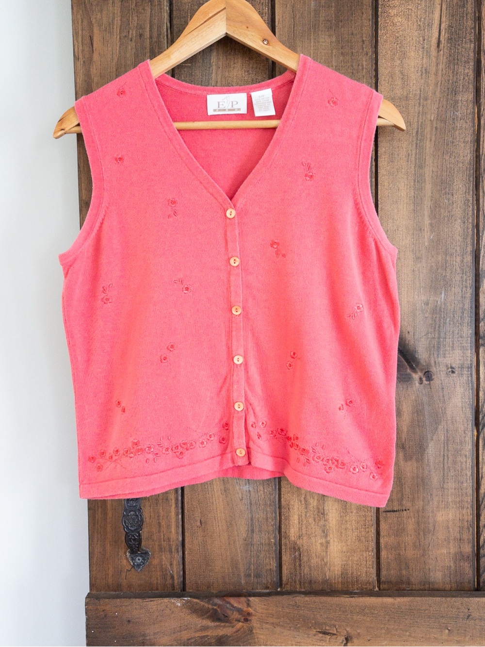 Vintage EP Pro Pink Sweater Knit Button Front Tank Vest Embroidered Floral Small